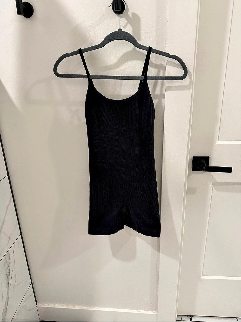 OQQ Ribbed Spaghetti Strap Exercise Romper Black Size Small